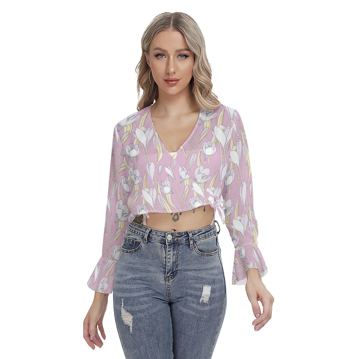 Pink Flowers Flared Sleeve Wrap Crop Top