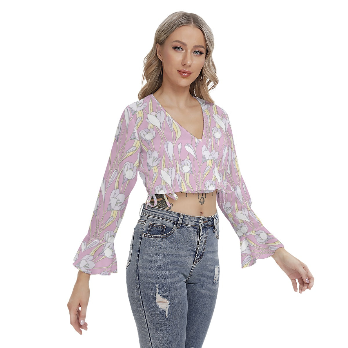 Pink Flowers Flared Sleeve Wrap Crop Top