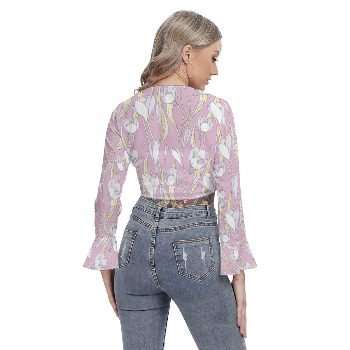 Pink Flowers Flared Sleeve Wrap Crop Top