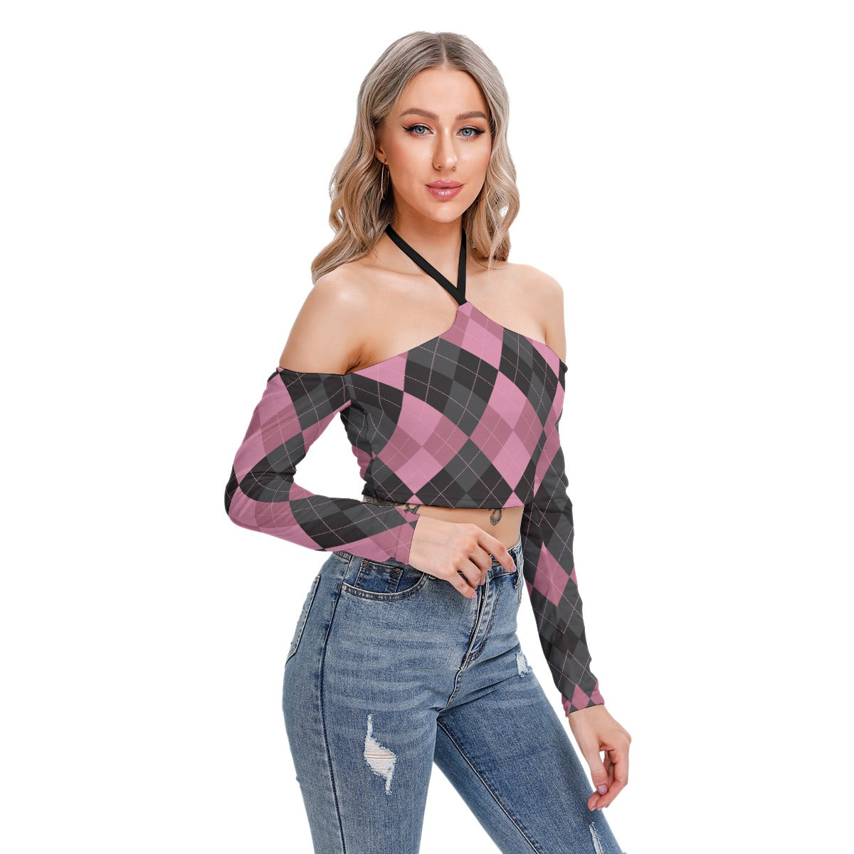 Pink/Black Halter Lace-up Top