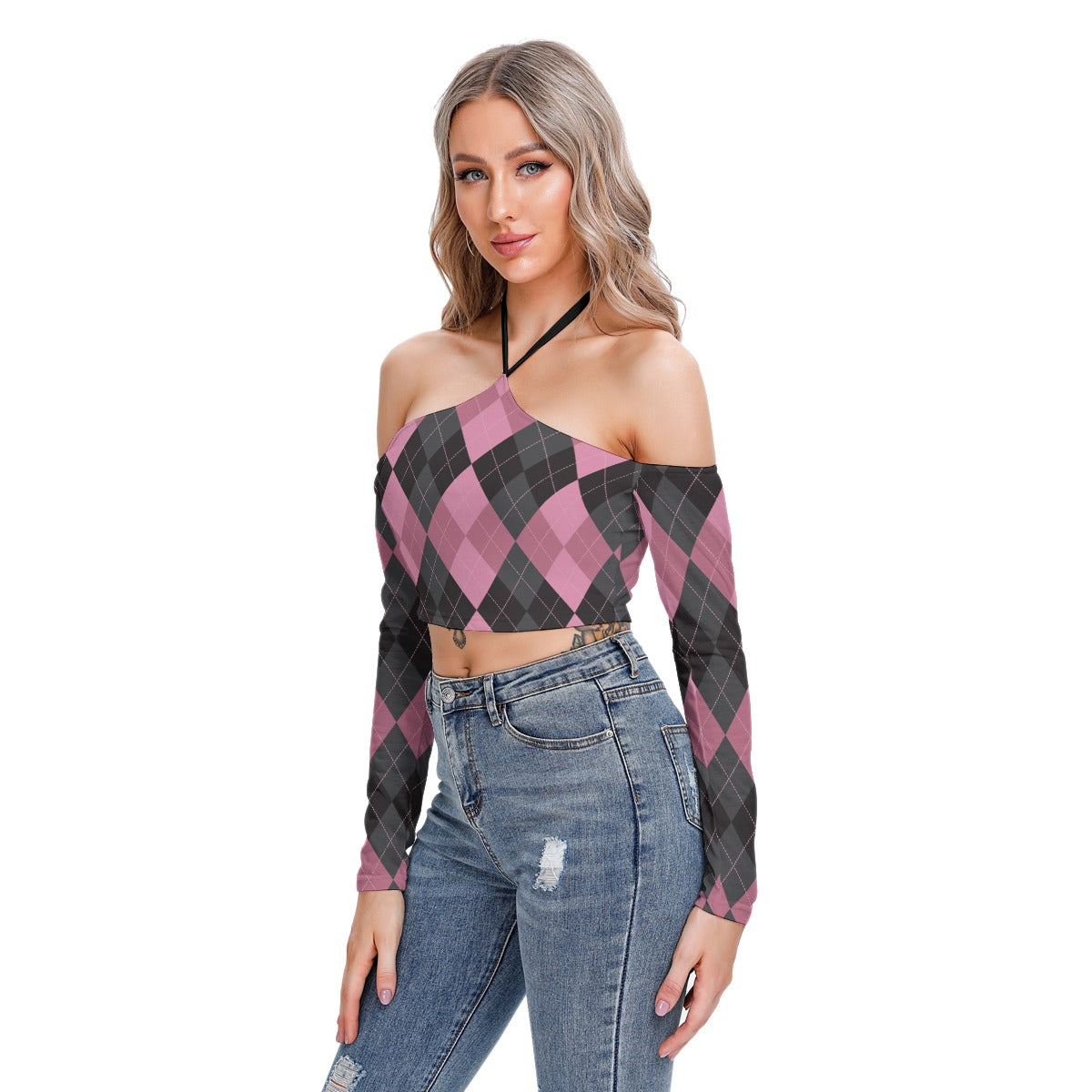 Pink/Black Halter Lace-up Top