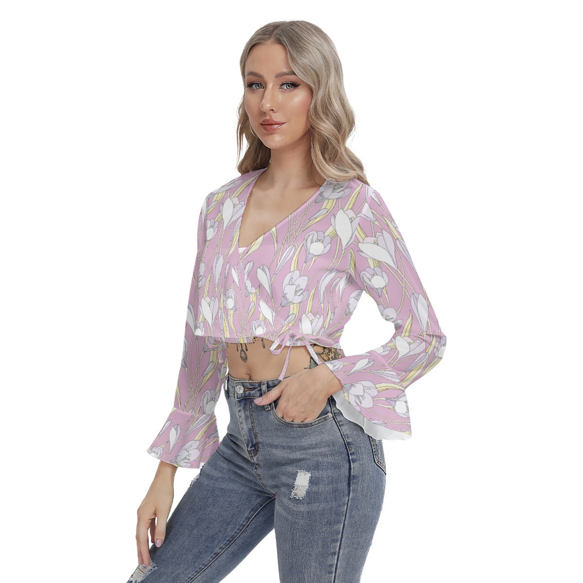 Pink Flowers Flared Sleeve Wrap Crop Top