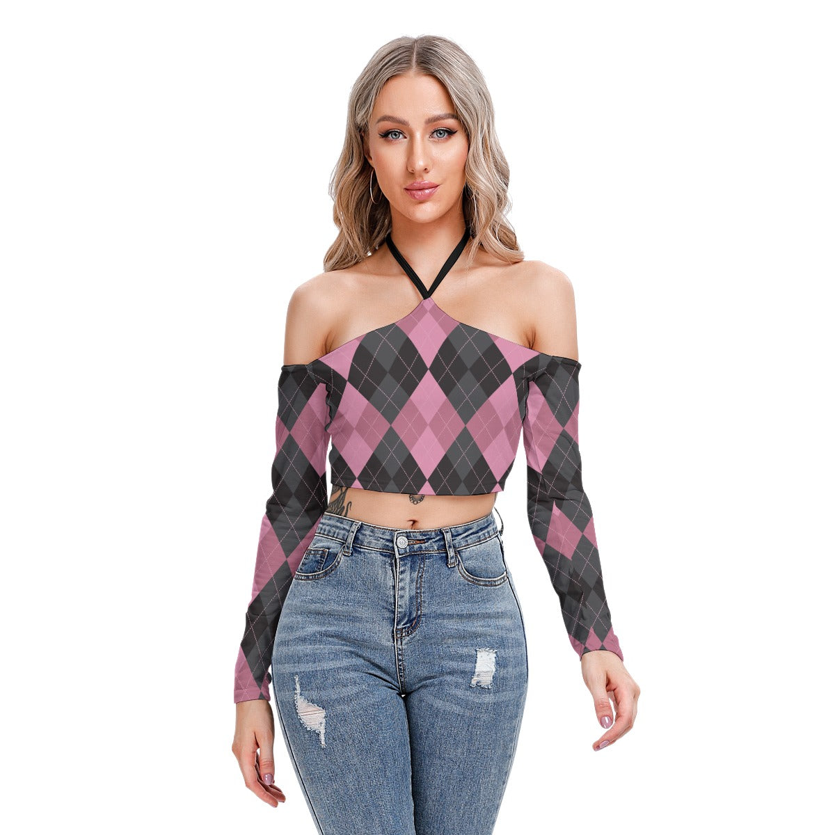 Pink/Black Halter Lace-up Top