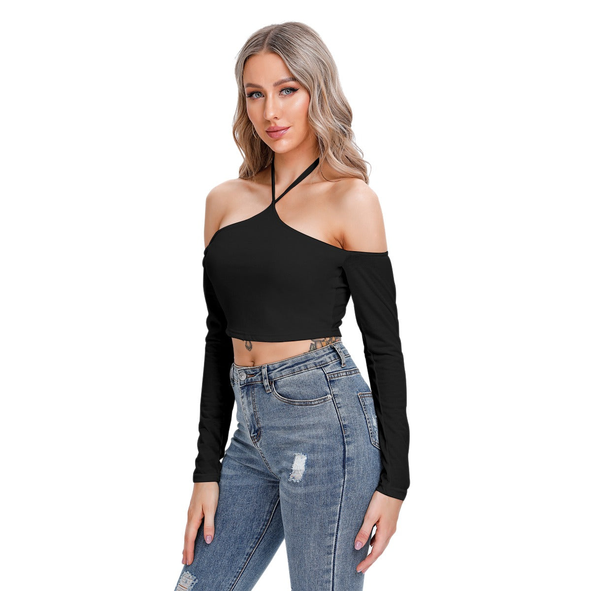 Black Halter Lace-up Top