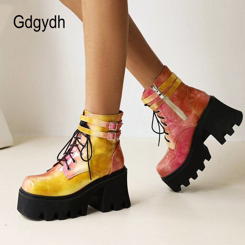 Gdgydh Tie - Bottes à plateforme épaisse avec sangle en dentelle teintée