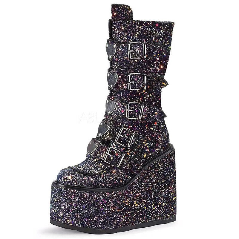 Gdgydh Glitter Punk Platform Wedge Boots