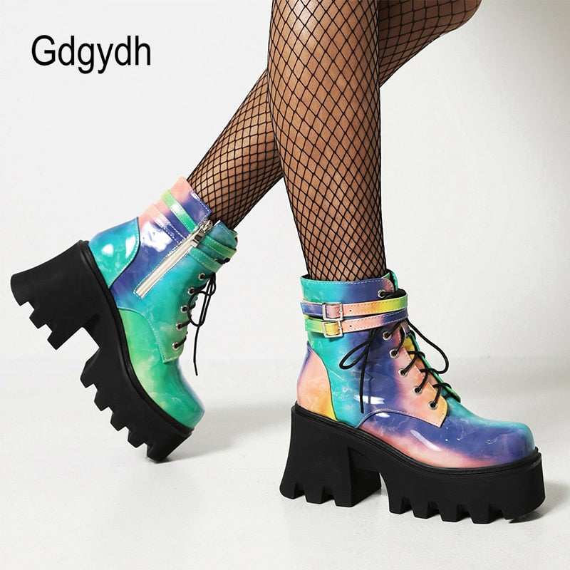 Gdgydh Tie - Bottes à plateforme épaisse avec sangle en dentelle teintée