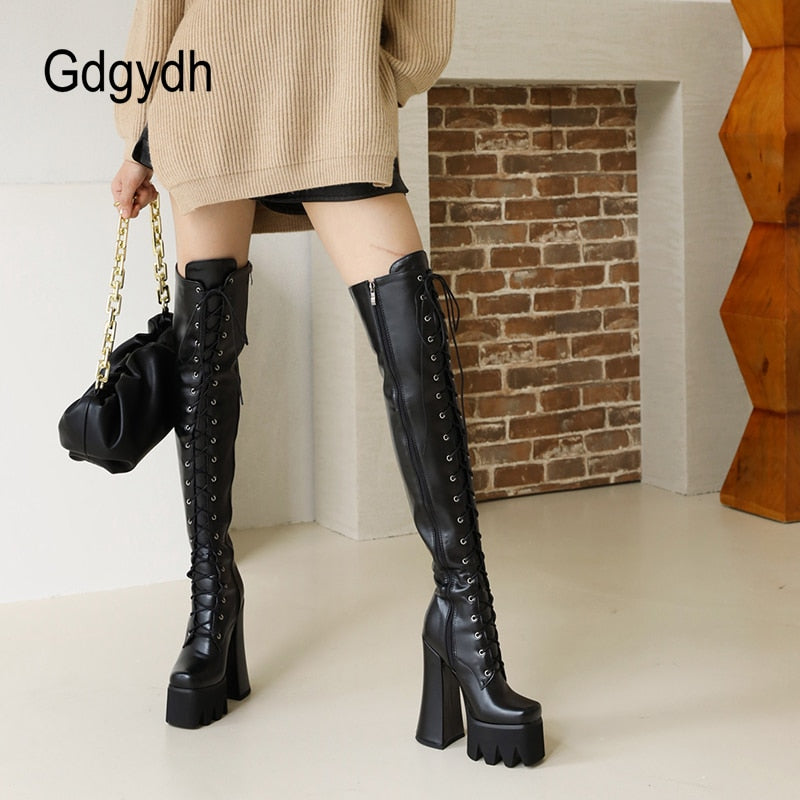 Gdgydh Laced Straight Knee High Platform Heel Boots