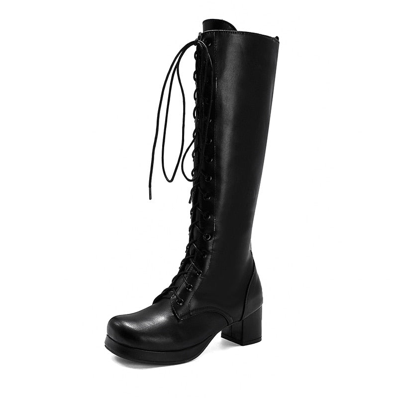 Gdgydh Laced Up Low Heel Knee High Boots