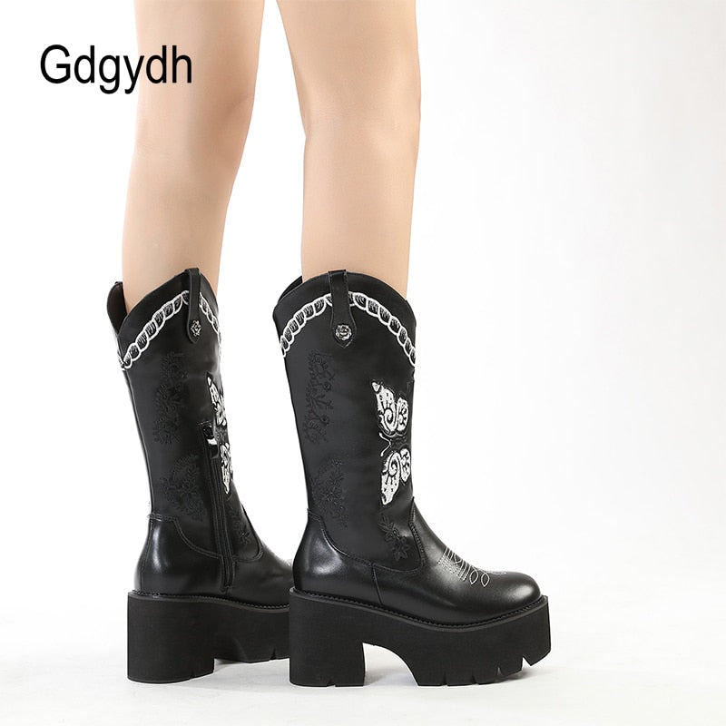 Gdgydh Butterfly Cowboy Platform Boots
