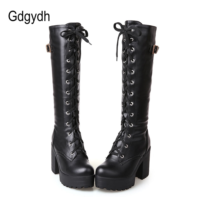 Gdgydh Laced Knee High Platform Boots