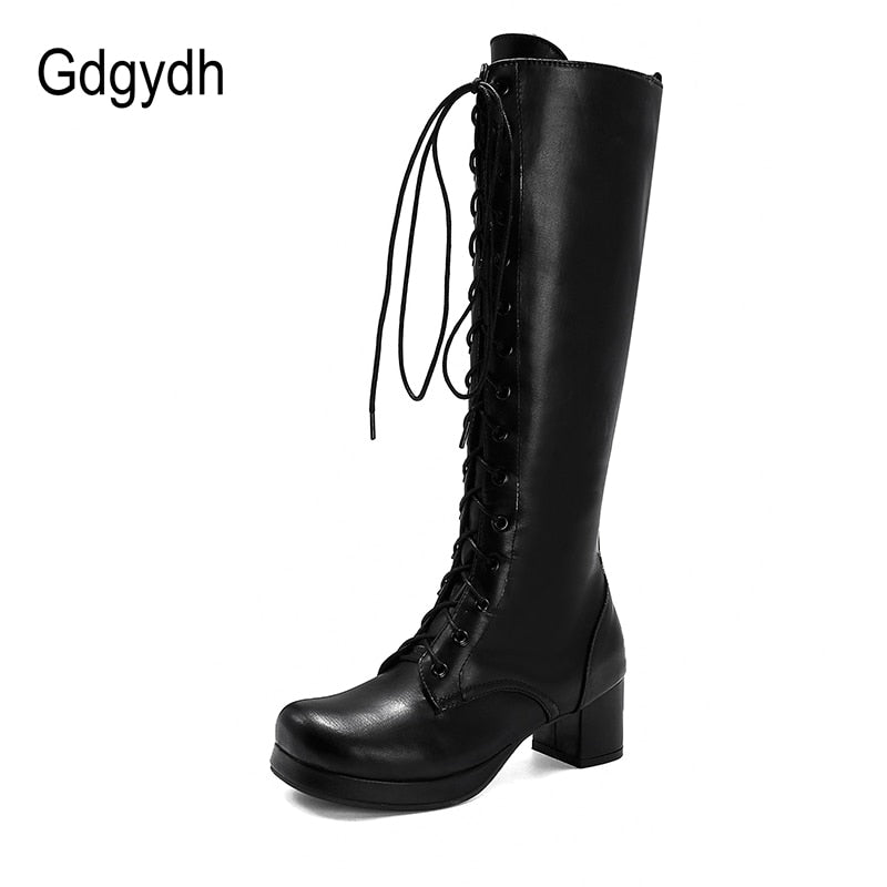 Gdgydh Laced Up Low Heel Knee High Boots