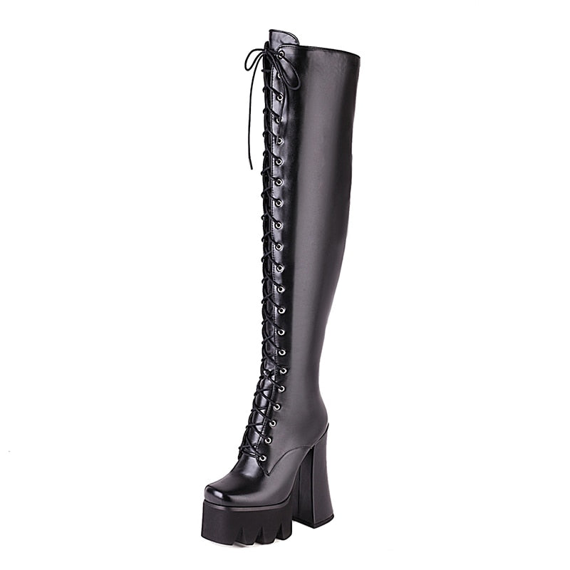 Gdgydh Laced Straight Knee High Platform Heel Boots