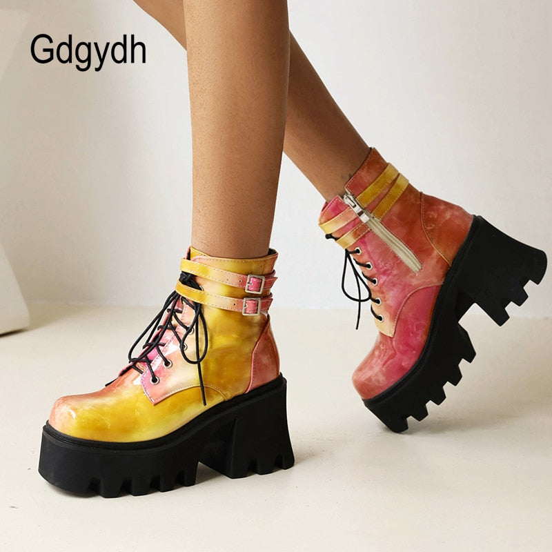 Gdgydh Tie - Dye Lace Strap Chunky Platform Boots