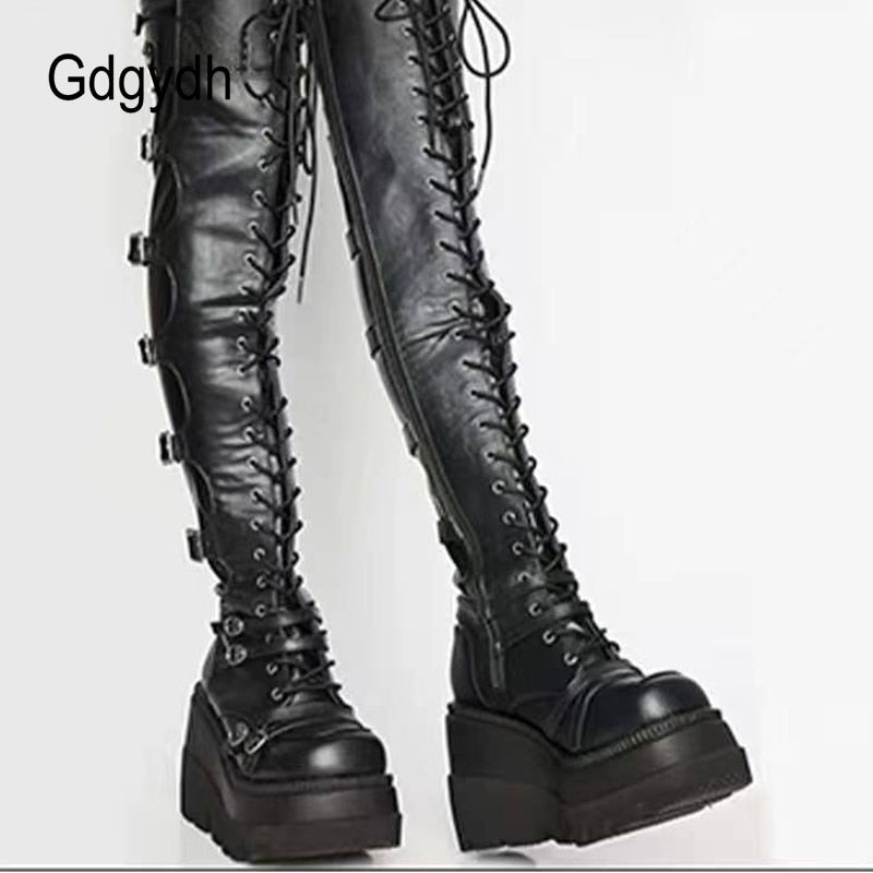Gdgydh Double Strap Over Knee High Platform Boots