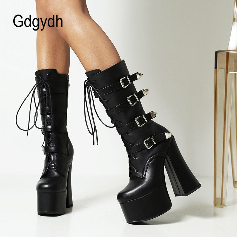 Gdgydh Lace Up Buckled Long Black Patent Boots