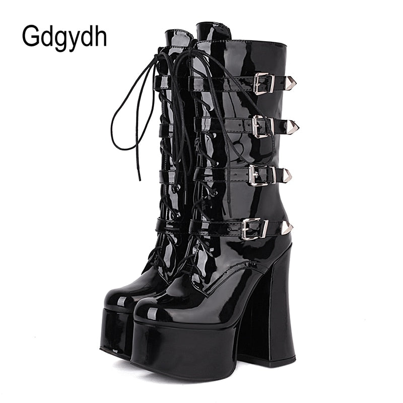 Gdgydh Lace Up Buckled Long Black Patent Boots
