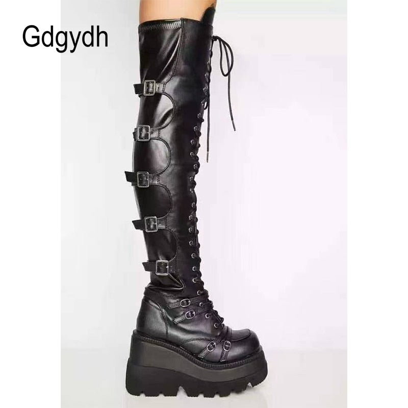 Gdgydh Double Strap Over Knee High Platform Boots