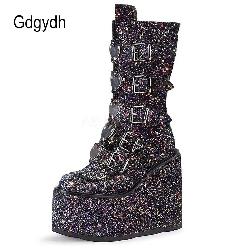 Gdgydh Glitter Punk Platform Wedge Boots