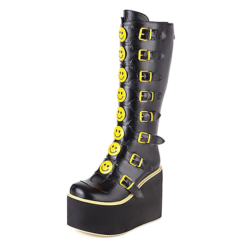 Gdgydh Yellow Smiley Face Long Platform Boots