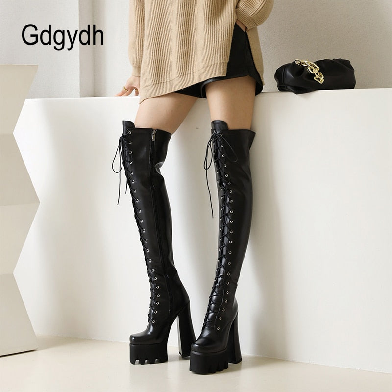 Gdgydh Laced Straight Knee High Platform Heel Boots