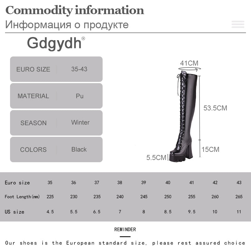 Gdgydh Laced Straight Knee High Platform Heel Boots
